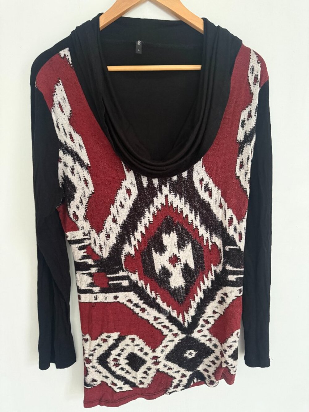 Edista Women Cowl Neck Long Sleeve Tribal Print Hi Low Top Size L